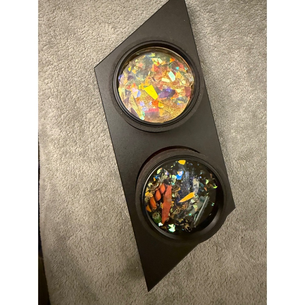 Handcrafted Dual Kaleidoscope Object Cells Dichroic Glass Wood Display Stand Art
